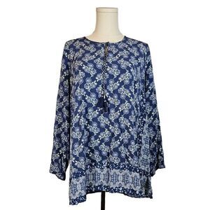 J. Jill Keyhole Front Tie ‎ Blouse Lagenlook Cottagecore Floral Blue XL Petite